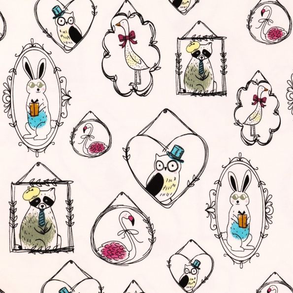 Tissu Jersey Coton Portraits d'animaux Multicolores sur fond Ecru - Par 10 cm