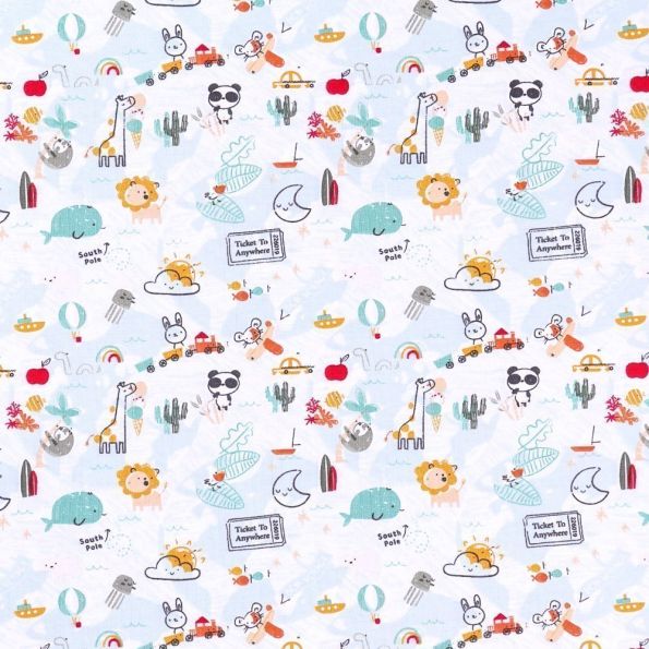 Tissu Jersey Coton Univers Enfantin Multicolore sur fond Blanc - Par 10 cm