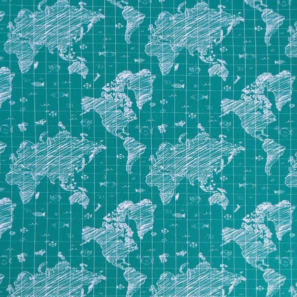 Tissu Jersey Coton Carte du monde blanche sur fond Vert - Par 10 cm