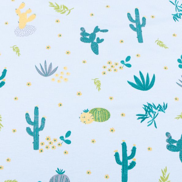 Tissu Jersey Coton Cactus et figuier de barbarie sur fond Bleu ciel - Par 10 cm