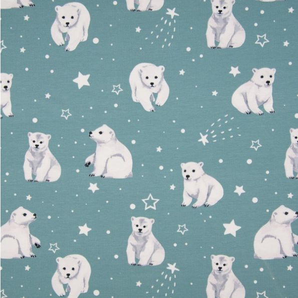 Tissu Jersey Coton Ours Polaire, étoiles et flocons Blancs sur fond Vert - Par 10 cm