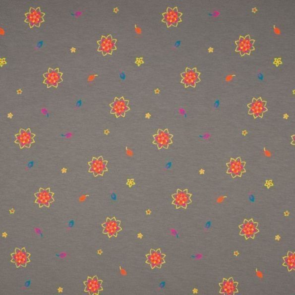 Tissu Jersey Coton imprimé Fleurs et feuilles multicolores sur fond Gris pierre - Par 10 cm