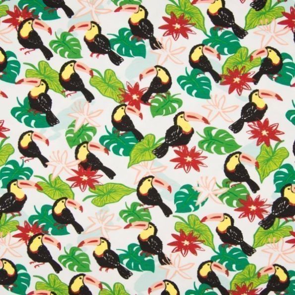 Tissu Jersey Coton imprimé Feuillage vert et toucans sur fond Blanc - Par 10 cm