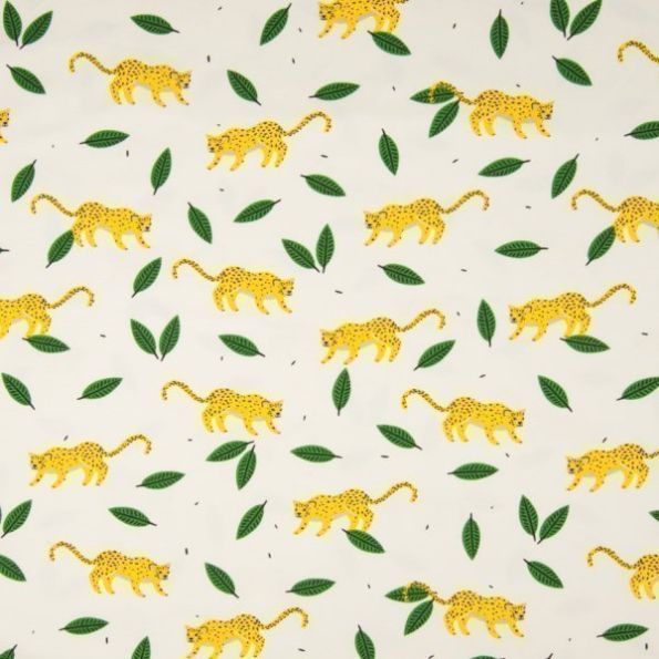 Tissu Jersey Coton imprimé Panthères sur fond Blanc - Par 10 cm