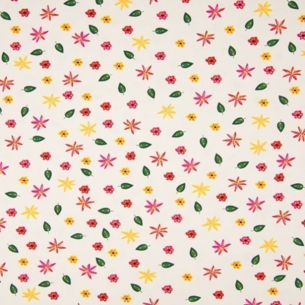 Tissu Jersey Coton Feuilles et fleurs jaunes vertes et rouges sur fond Blanc - Par 10 cm