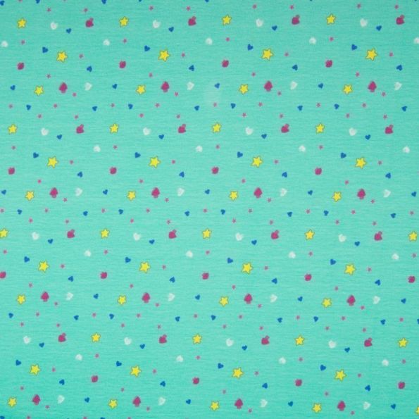 Tissu Jersey Coton Etoiles multicolores sur fond Menthe - Par 10 cm