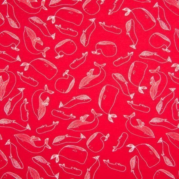 Coupon Tissu Jersey Coton imprimé Baleines blanches sur fond Rouge - Coupon de 20 cm
