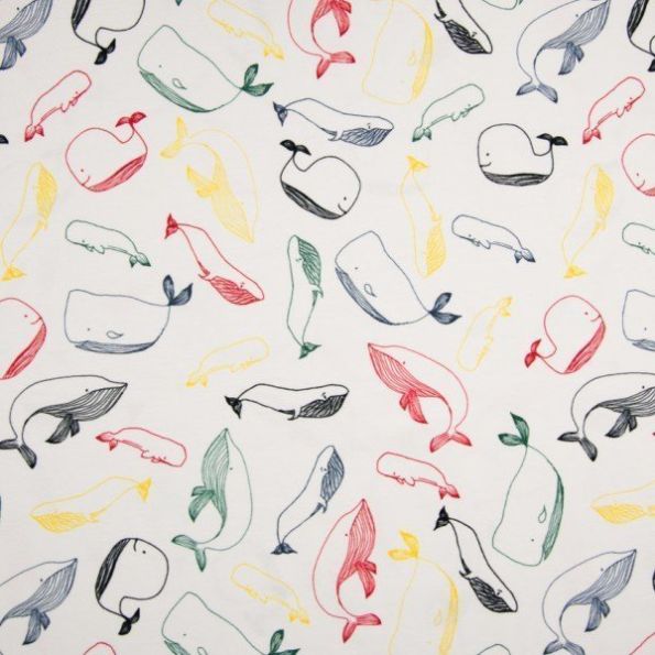 Tissu Jersey Coton Baleines Multicolores sur fond Blanc - Par 10 cm
