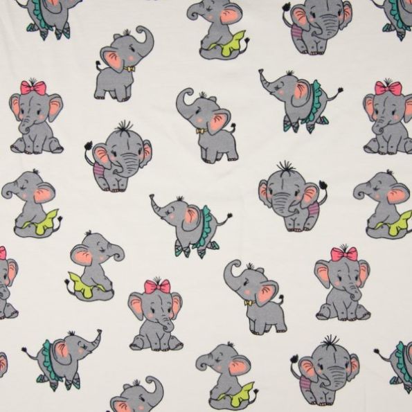 Tissu Jersey Coton imprimé Éléphant gris fille et garçon sur fond Blanc - Par 10 cm