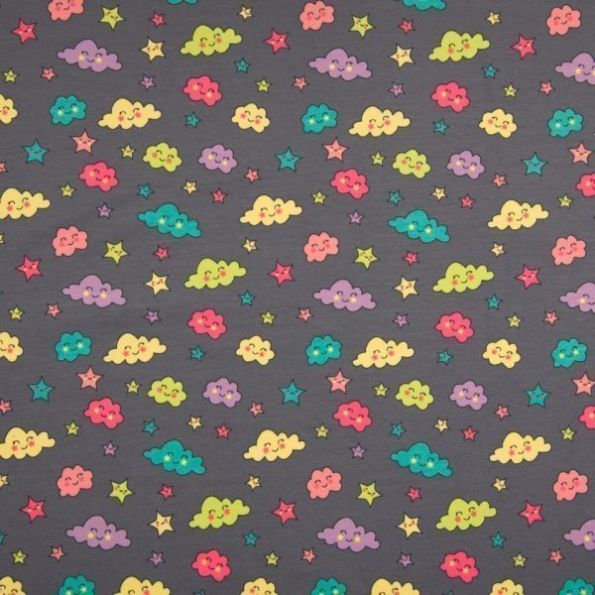 Tissu Jersey Coton imprimé Nuages et étoiles multicolores sur fond Gris - Par 10 cm