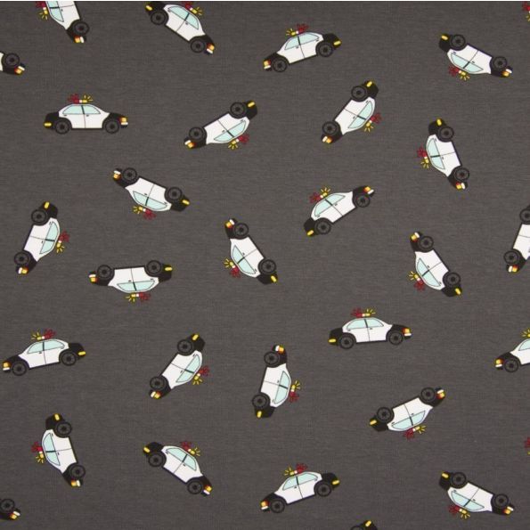 Tissu Jersey Coton Voitures Noires et blanches sur fond Gris Anthracite - Par 10 cm