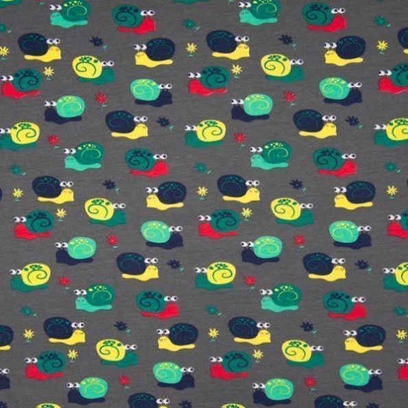 Tissu Jersey Coton imprimé Escargots et petites fleurs sur fond Gris - Par 10 cm