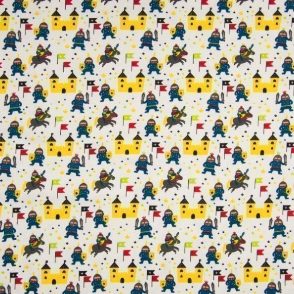 Tissu Jersey Coton Châteaux Jaunes et chevaliers sur fond Blanc - Par 10 cm