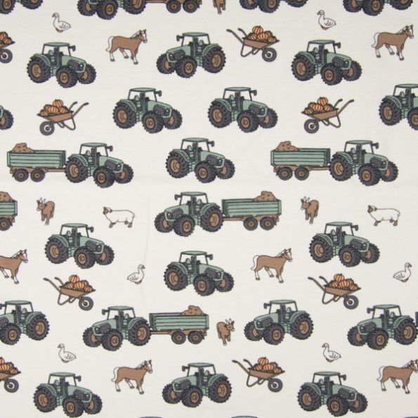 Tissu Jersey Coton Tracteur à la ferme sur fond Blanc - Par 10 cm