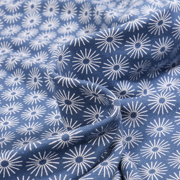 Coupon Tissu Jersey Coton Camille Soleils sur fond Bleu denim - Coupon de 20 cm