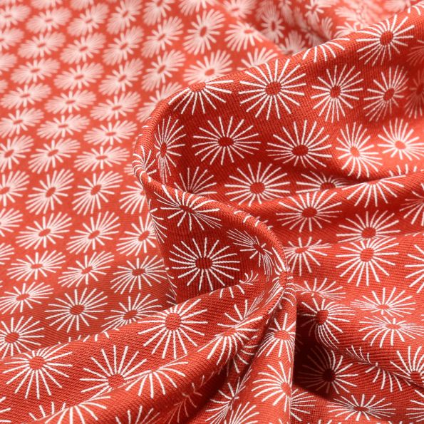 Tissu Jersey Coton Camille Soleils sur fond Terre de Sienne - Par 10 cm