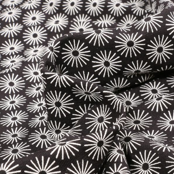 Tissu Jersey Coton Camille Soleils sur fond Noir - Par 10 cm