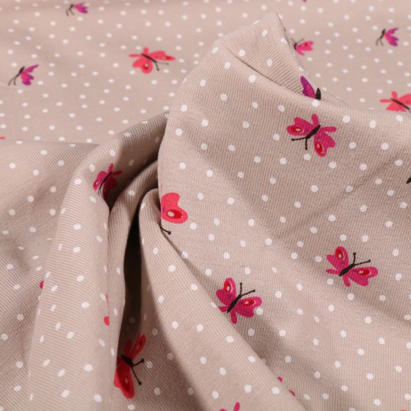 Tissu Jersey Coton Papillons et petits pois blanc sur fond Beige - Par 10 cm