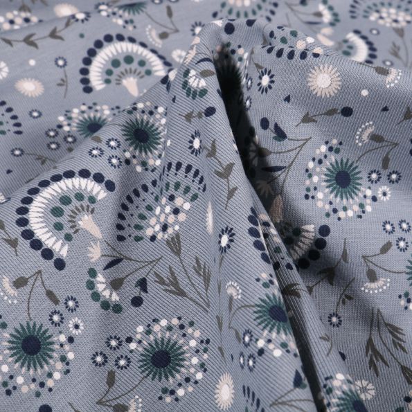 Tissu Jersey Coton Pissenlit stylisé sur fond Gris - Par 10 cm