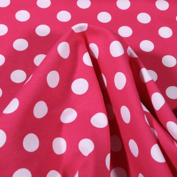 Tissu Jersey Coton Pois blancs 1.5 cm sur fond Rose fuchsia - Par 10 cm