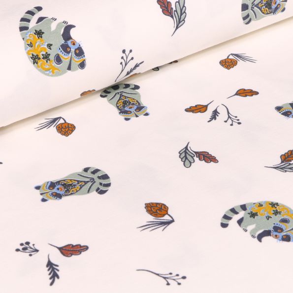 Tissu Jersey Coton Raton laveur sur fond Blanc cassé - Par 10 cm