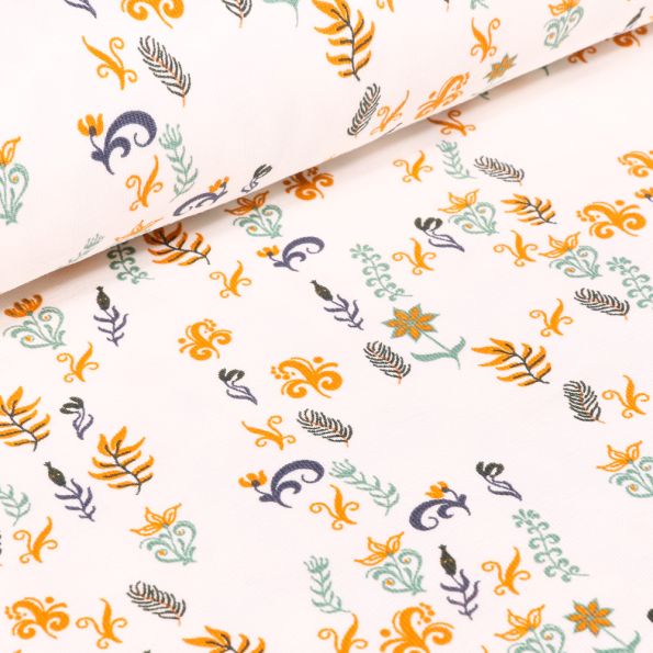 Tissu Jersey Coton Petites fleurs et feuilles sur fond Blanc cassé - Par 10 cm