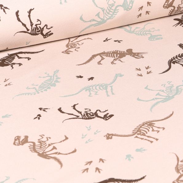 Tissu Jersey coton Squelettes Dino sur fond Beige chiné - Par 10 cm