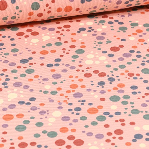 Tissu Jersey Coton Confettis pastel sur fond Rose - Par 10 cm