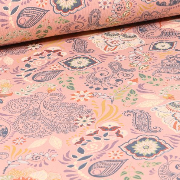 Tissu Jersey Coton Motifs orientaux sur fond Rose - Par 10 cm