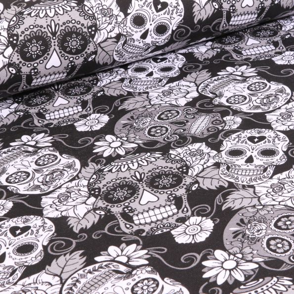 Tissu Jersey Coton Tête de morts et rose sur fond Noir - Par 10 cm
