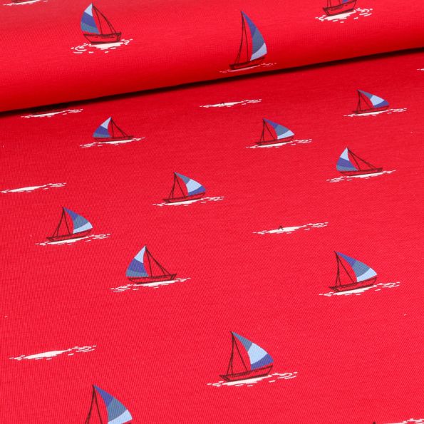 Tissu Jersey Coton Voilier bleu blanc rouge sur fond Rouge - Par 10 cm