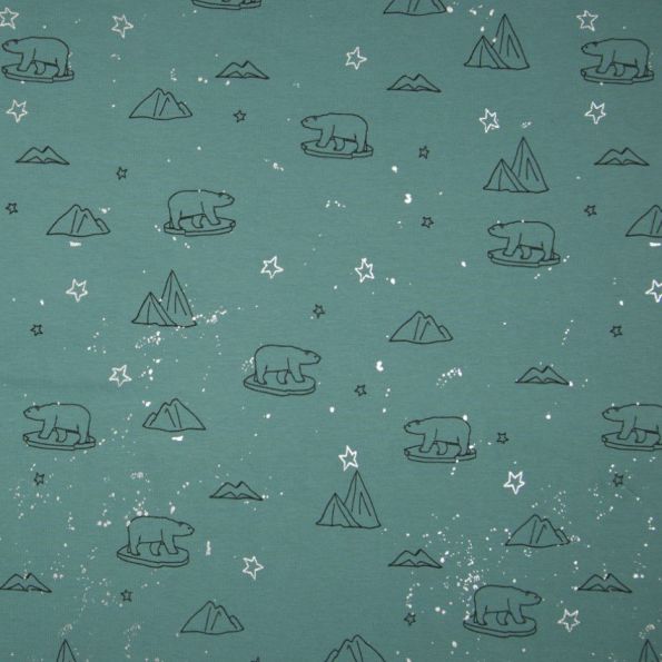 Tissu Jersey Coton Pailleté Ours Polaire Noirs et argent sur fond Vert - Par 10 cm