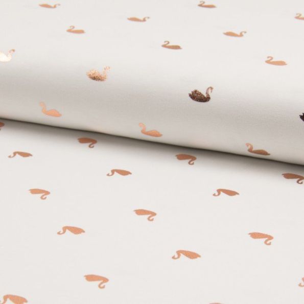 Tissu Jersey Coton métallisé Cygne rose gold sur fond Blanc - Par 10 cm
