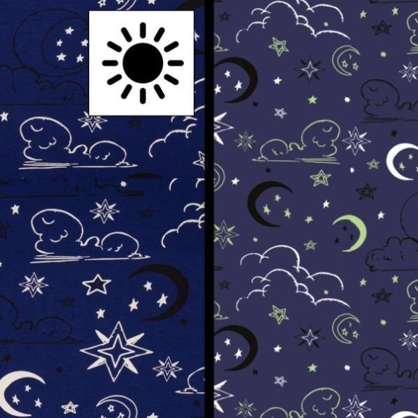 Tissu Coton imprimé magique Nuages sur fond Bleu marine - Par 10 cm