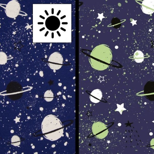 Tissu coton imprimé magique Planètes et étoiles phosphorescentes sur fond Bleu marine - Par 10 cm