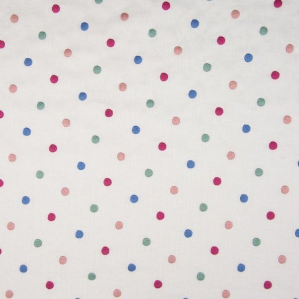 Voile de coton brodé Pois rose vert et bleu sur fond Blanc - Par 10 cm
