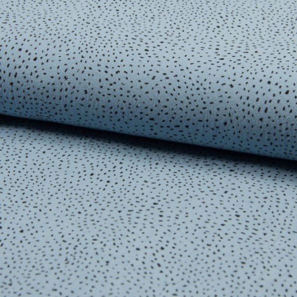 Tissu Coton lavé  Confettis noirs sur fond Bleu gris - Par 10 cm