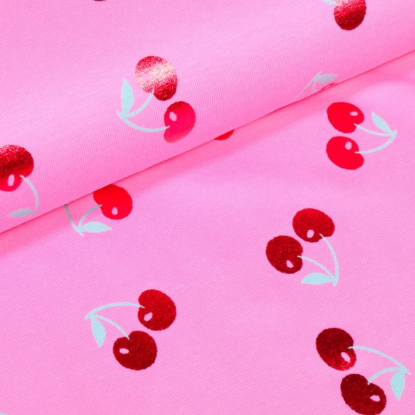 Tissu Jersey Coton Cerises métallisées sur fond Rose - Par 10 cm