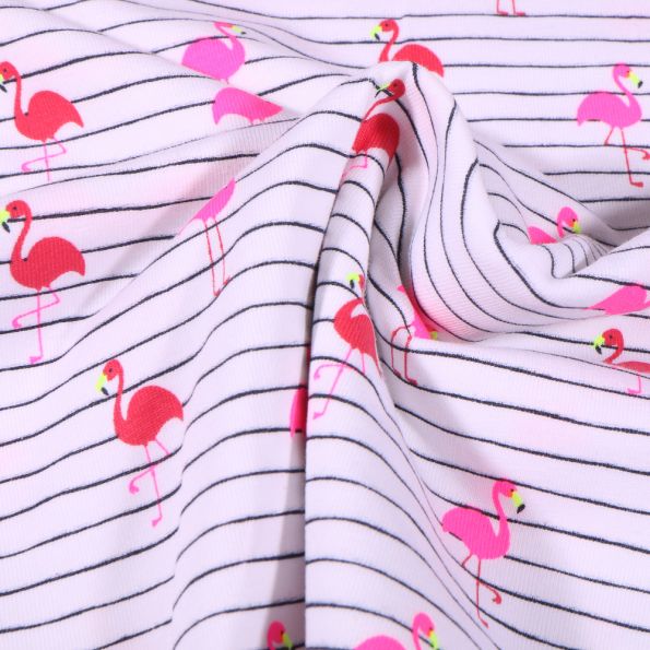 Tissu Jersey Coton rayures bleu marine et flamants rouge et rose fluo sur fond Blanc - Par 10 cm