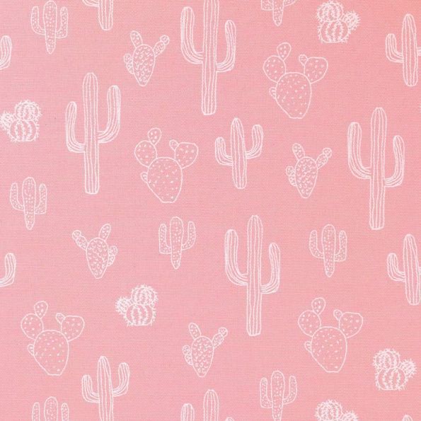 Tissu Toile Coton Canvas Cactus blancs sur fond Rose poudré - Par 10 cm