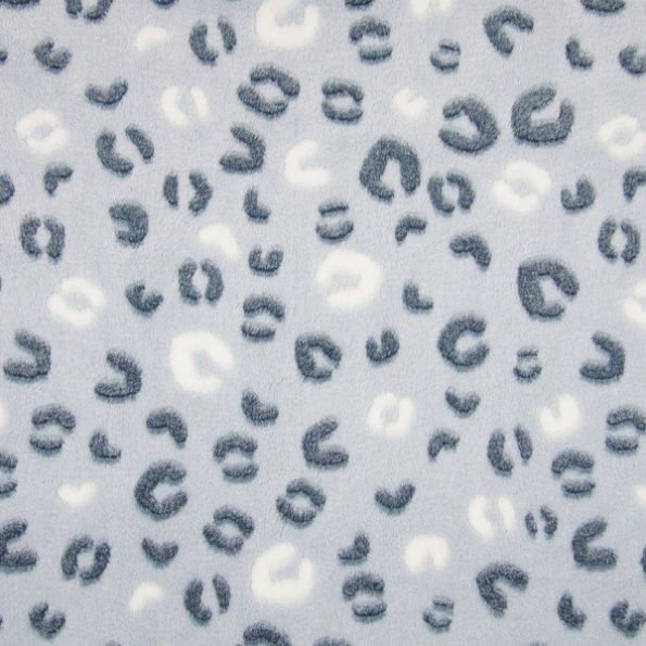 Tissu Doudou Leopards Bleu et Blanc sur fond Bleu Gris - Par 10 cm