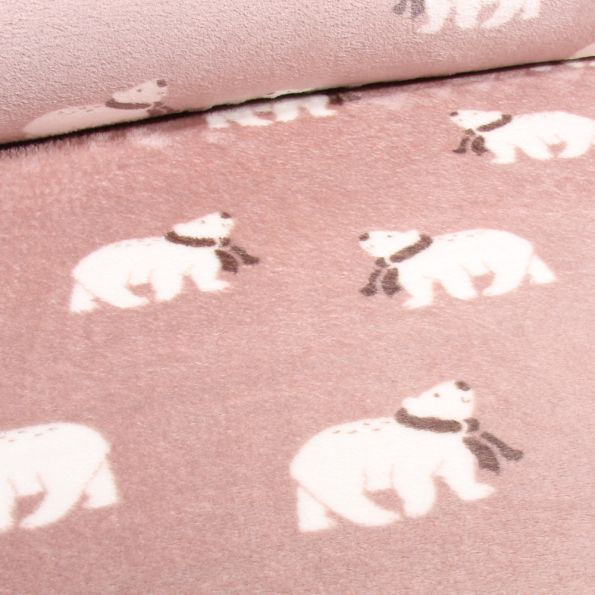 Tissu Doudou Ours polaire envers rayé sur fond Rose clair - Par 10 cm