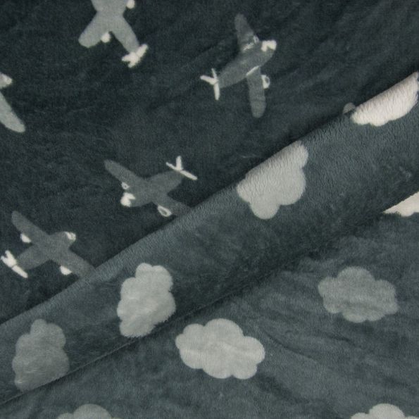 Tissu Doudou Double Face Avions Envers Nuages Blancs et Gris sur fond Gris Anthracite - Par 10 cm