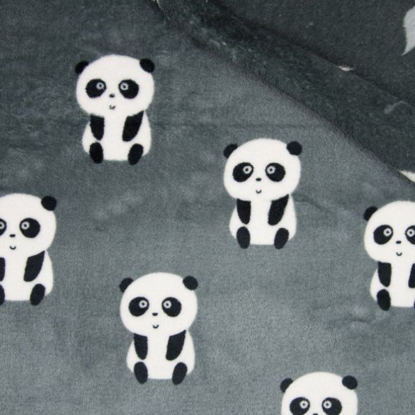 Tissu Doudou double face Panda envers feuilles grises et blanches sur fond Gris - Par 10 cm
