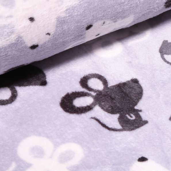 Tissu Doudou Souris blanches et noires sur fond Bleu gris - Par 10 cm