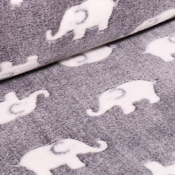 Tissu Doudou Baby éléphants sur fond Gris galet - Par 10 cm