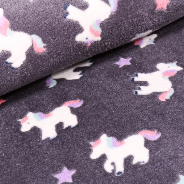 Coupon Tissu Doudou Baby licornes sur fond Gris anthracite - Coupon de 10 cm