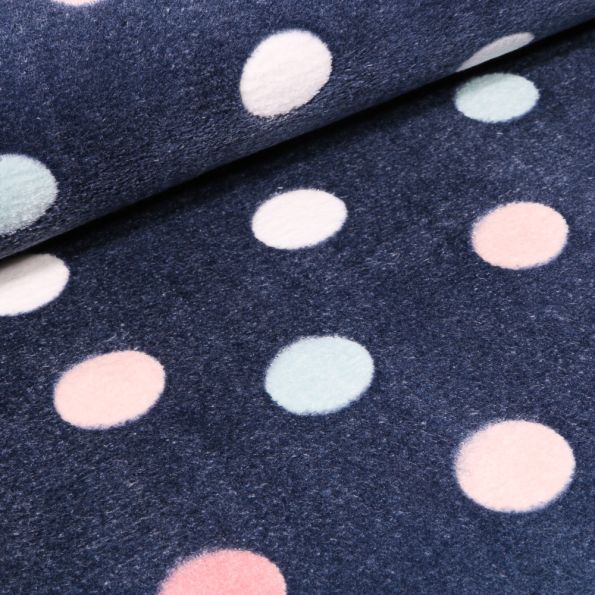Tissu Doudou Ronds roses et bleus sur fond Bleu marine - Par 10 cm