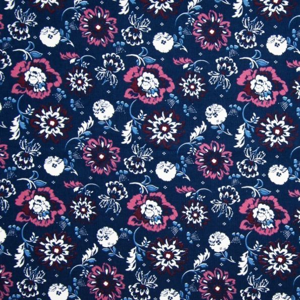 Tissu Velours milleraies Fleurs Multicolores sur fond Bleu marine - Par 10 cm