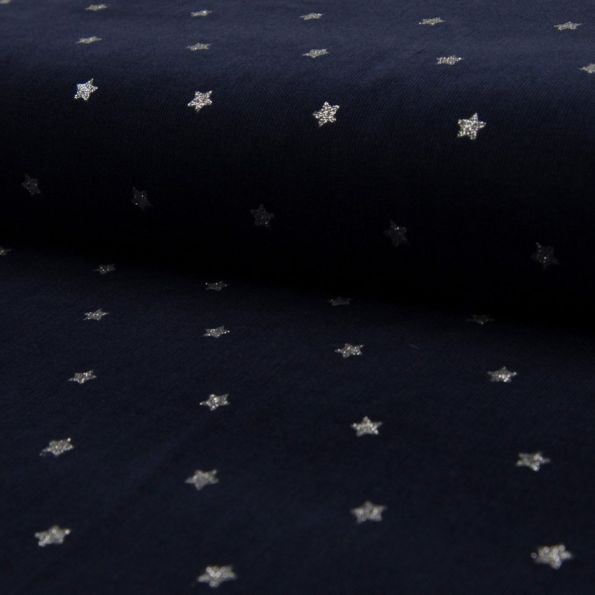Tissu Velours milleraies Pailleté Etoiles Argentées sur fond Bleu marine - Par 10 cm